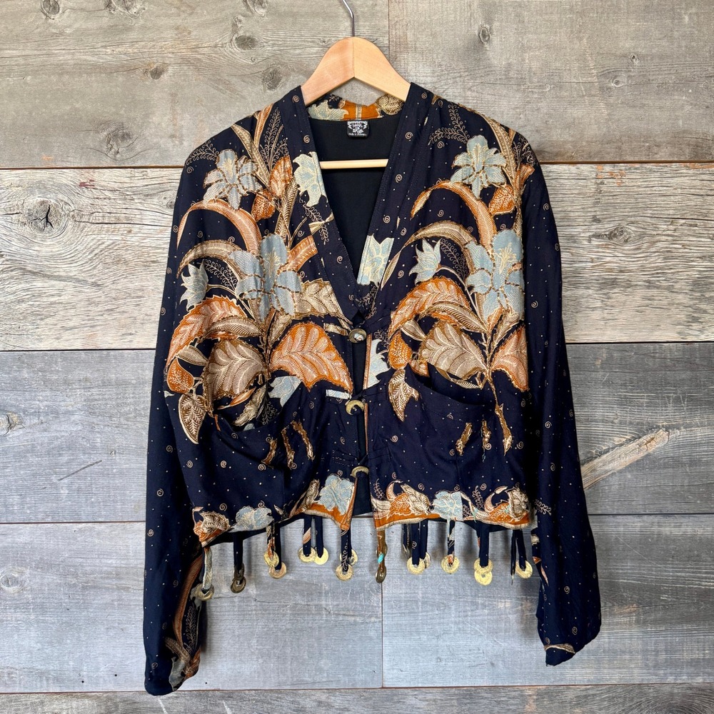 Womens Batik Floral Kantha Beaded Coin Fringe Jacket M/L Navy Indonesia Boho